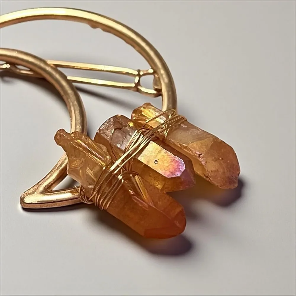 Handmade Genuine Aura Coated Gold Quartz Crescent Moon Hair Clip